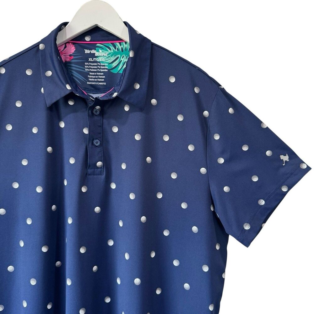 Birdie Bound Polo Shirt Mens XL Navy Blue Golf Ball Print Performance Stretch